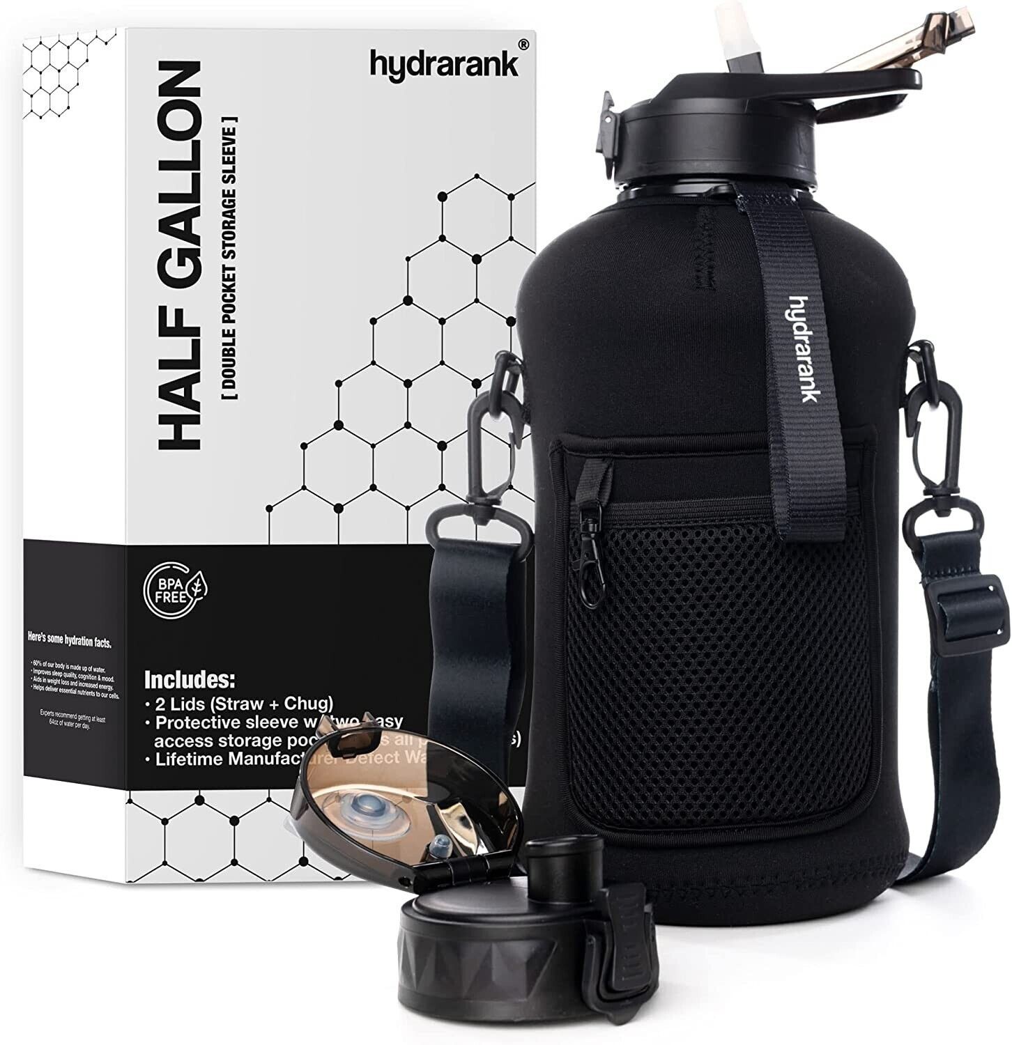 Half Gallon Water Bottle with Straw and Chug Lid-2.2L Gym Water Jug, Abyss Black