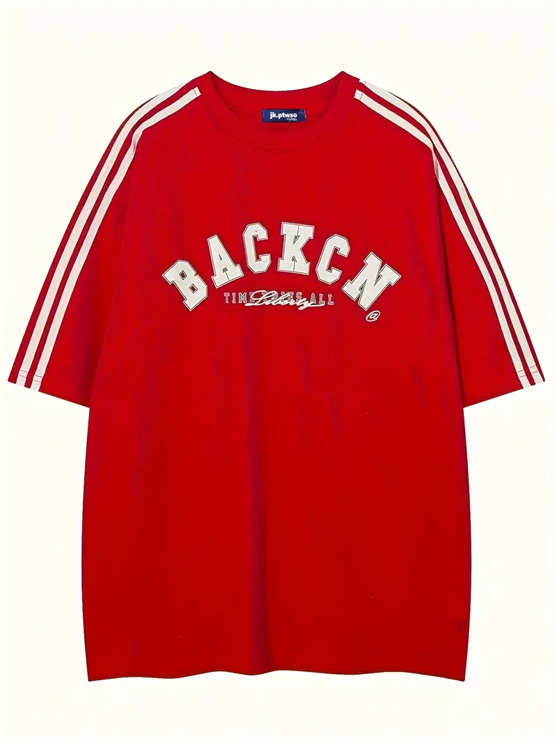 Retro Letter And Striped Men's Loose Casual Cotton Comfy Short Sleeve Crew Neck T-shirt, Summer Outdoor Sports