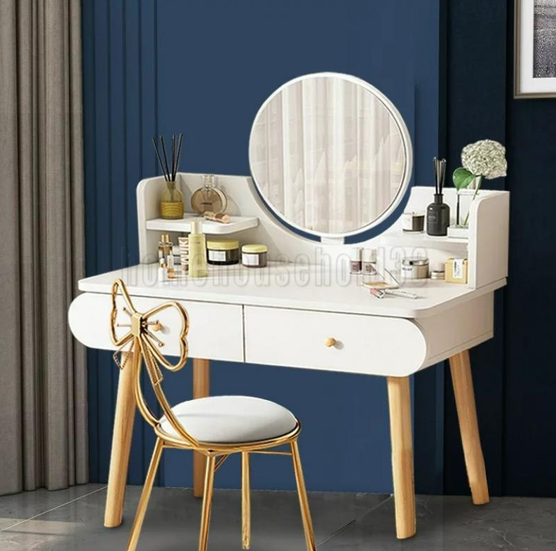 Vanity Makeup Dressing Table Round Mirror Jewelry Desk With 2 Drawers White