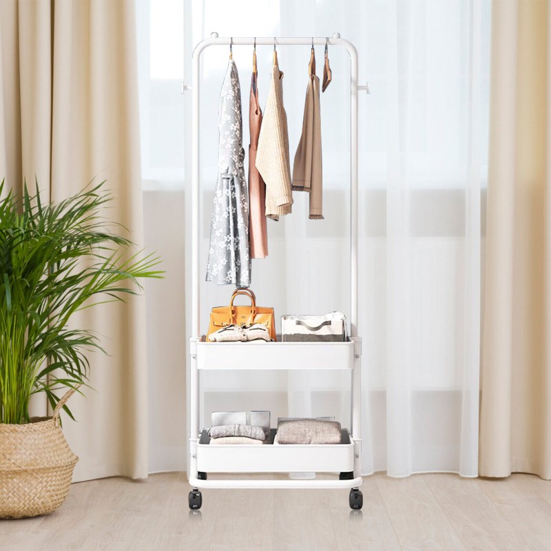 Rolling Garment Rack on Wheels, Entryway Clothing Rack with 2 Tier Metal Basket